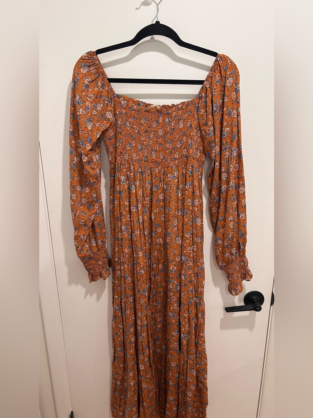 Easel Rust Floral Smocked Maxi Dress with Long Sleeves
